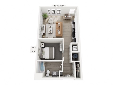 The Echo floor plan at Contrast OTR in Cincinnati’s Over-the-Rhine is a stylish studio apartment with an open layout, modern kitchen, sleeping nook, and in-unit washer and dryer—perfect for efficient urban living near downtown and TQL Stadium